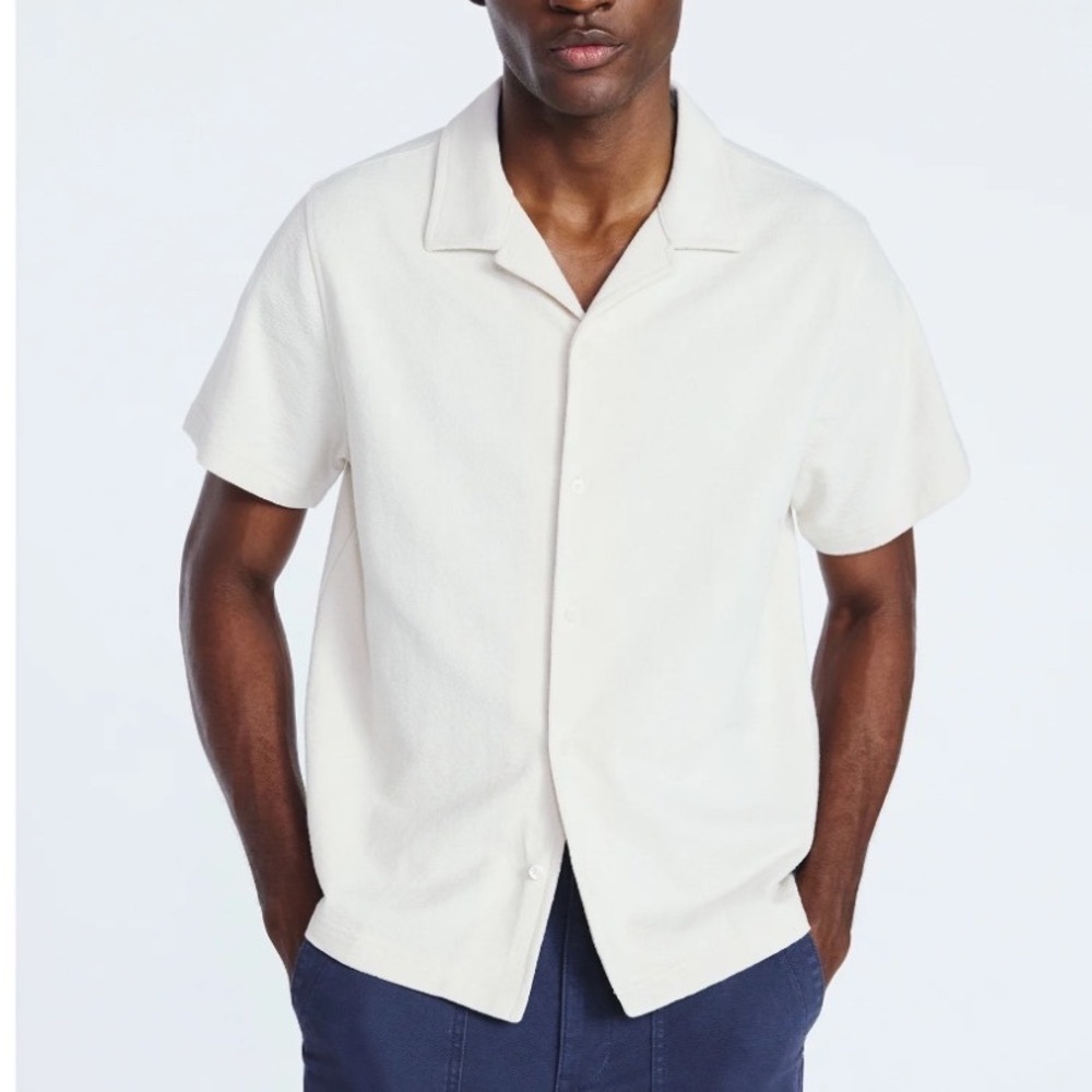 Free Assembly Mens Texture Camp Shirt Almond Beige Short Sleeve 2XL Preppy